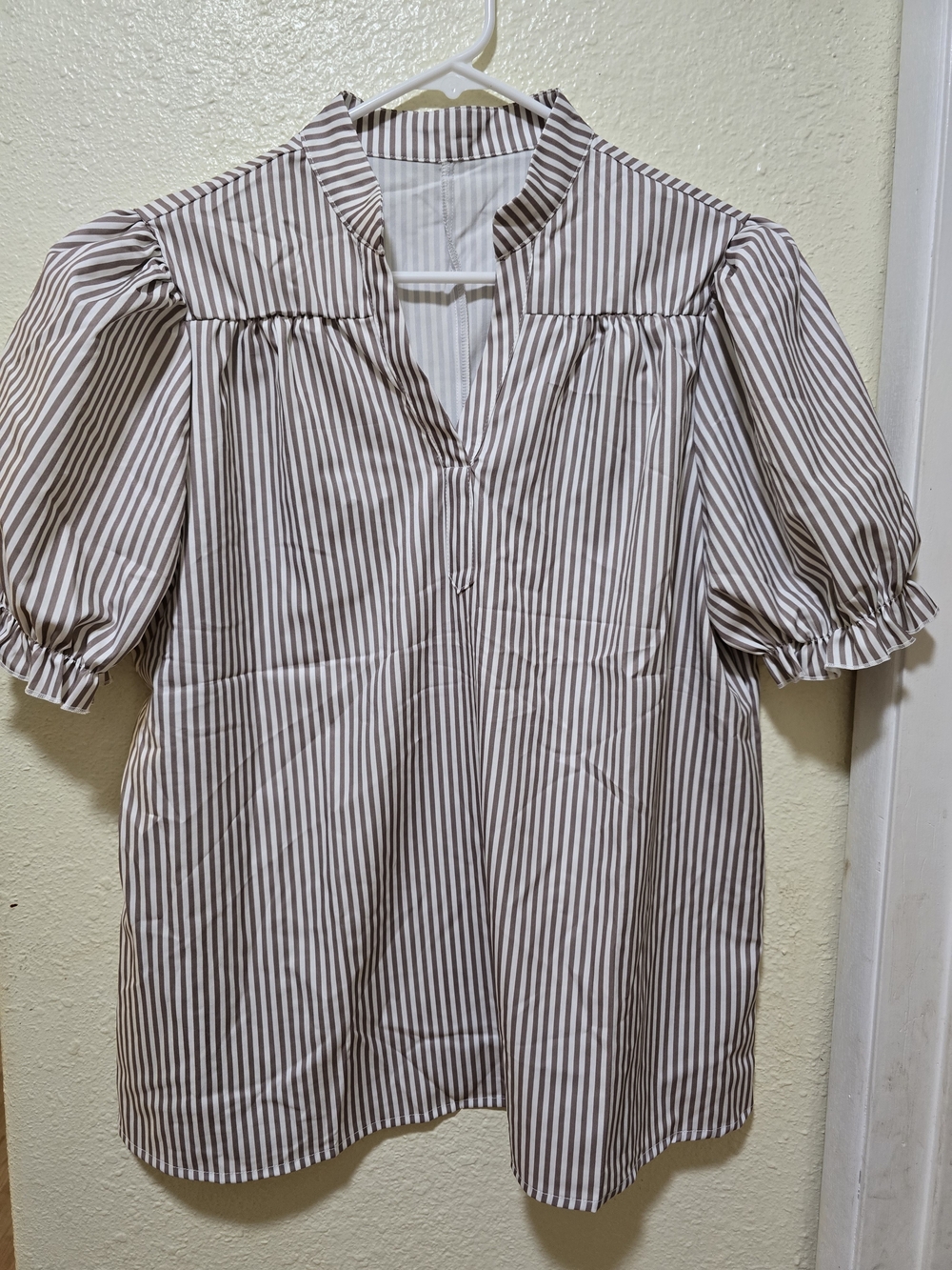 SHEIN Brown and White Striped Puff-Sleeve V-Neck Blouse